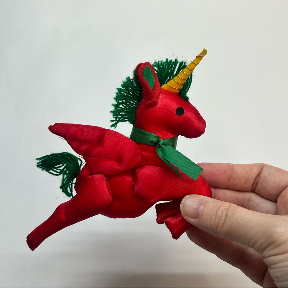 vintage red satin winged unicorn christmas ornament‎ green yarn hair